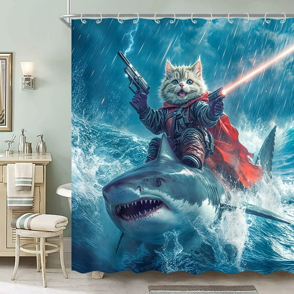 Cat Riding Shark Shower Curtain 70x70 Inch - Funny Ocean Theme Waterproof Bathroom Decor with Hooks, Polyester Fabric Bathtub Curtain Set