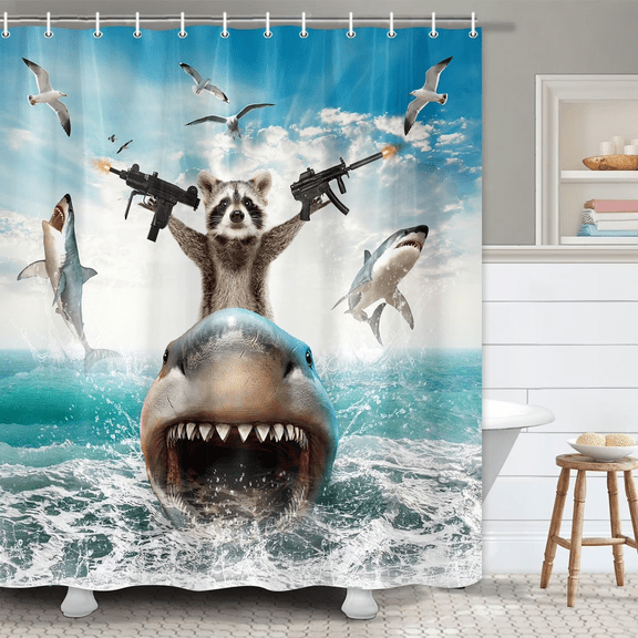 Funny Cat Shower Curtain for Bathroom, Cat Shower Curtains for Boys, Funky Cat Riding Shark Fighting on Blue Ocean Fabric Shower Curtain Sets with Hooks,Navy Blue Beach Theme Curtains, 72x84 Inches