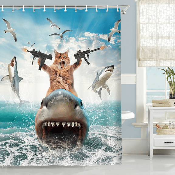 Funny Cat Shower Curtain for Bathroom, Cat Shower Curtains for Boys, Funky Cat Riding Shark Fighting on Blue Ocean Fabric Waterproof Shower Curtain Sets with Hooks,Navy Blue Beach Theme Curtains