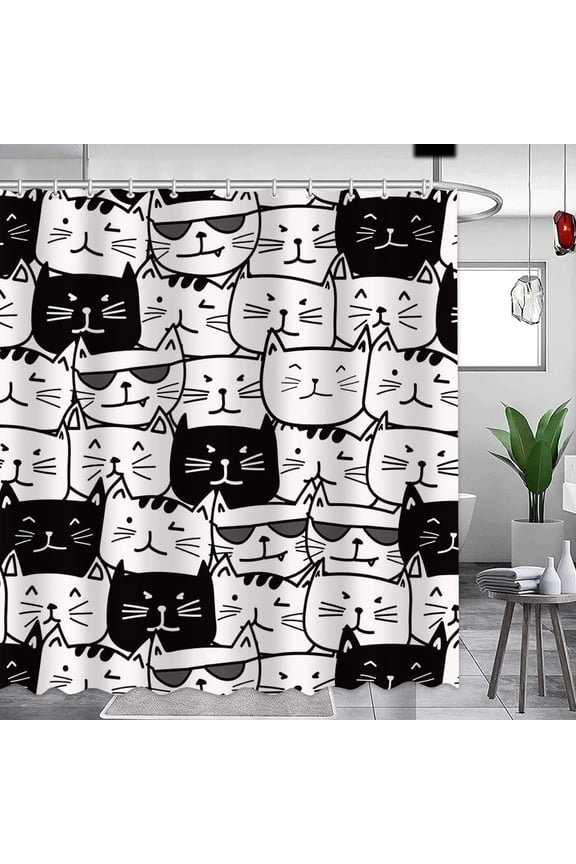 Funny Cat Shower Curtain for Bathroom Decor Cartoon Cute Kitten Face Animals Polyester Waterproof Bathroom Curtain with 12 Hooks 72"X72" Birthday Gifts for Women Cat Lovers,Washable,Black