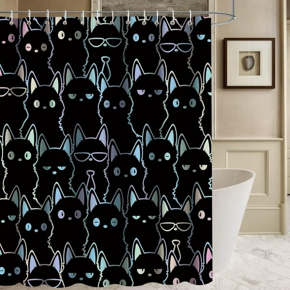 Funny Cat Shower Curtain Black Cute Animals Theme Cool Kitty Shower Curtains for Bathroom Decor Waterproof Abstract Cartoon Kitten Shower Curtain Sets with 12 Hooks 72"x72"