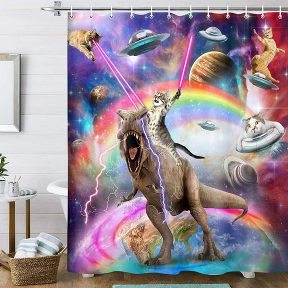 Funny Cat Shower Curtain Boys Kids Bathroom Decor, Cool Cat Riding Dinosaur On Fantasy Galaxy Hilarious Shower Curtain, Funky Outer Space Universe Anime Shower Curtain Fabric with 12PCS Hooks, 70X75IN