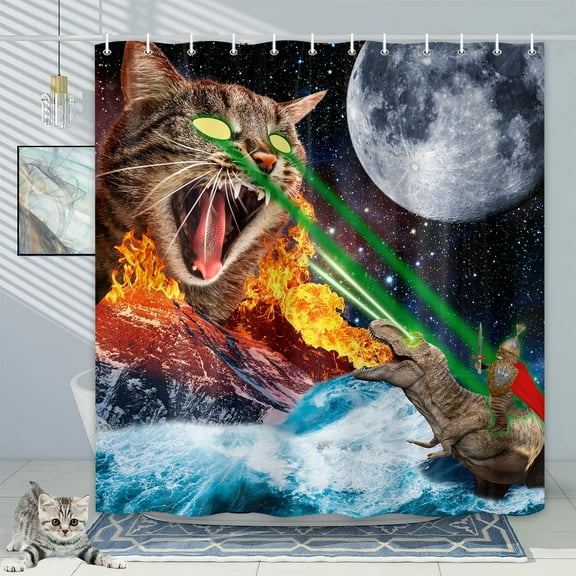 Funny Cat Shower Curtain, Cat Riding Dinosaur with Moon Fabric Shower Curtain with Hooks for Bathroom Decortaion