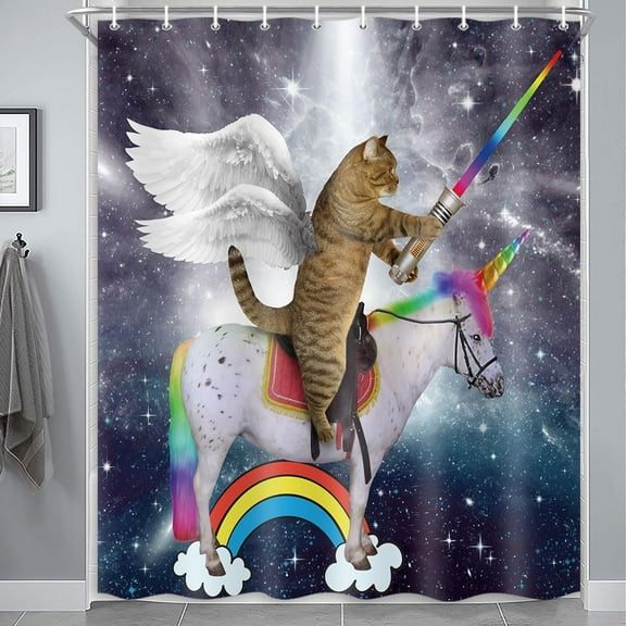 Funny Cat Shower Curtain, Cat Riding Unicorn Space Stars Rainbow Decor Waterproof Fabric Shower Curtains, Kids Fairytale Bathroom Curtain Set with Hooks, 72X72in