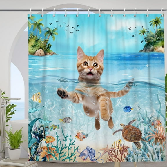 Funny Cat Shower Curtain, Cat Swimming in Sea Ocean with Turtle Octopus Bathroom Shower Curtain Set,with Hooks,72x72in ﻿