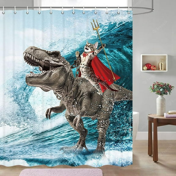 Funny Cat Shower Curtain, Cool Cat Dinosaur Japanese Ocean Wave Shower Curtain, Cat Riding Dinosaur Fun Shower Curtain Nautical Kids Children Rustic Wooden Farmhouse Shower Curtain, 72X84inch, Blue