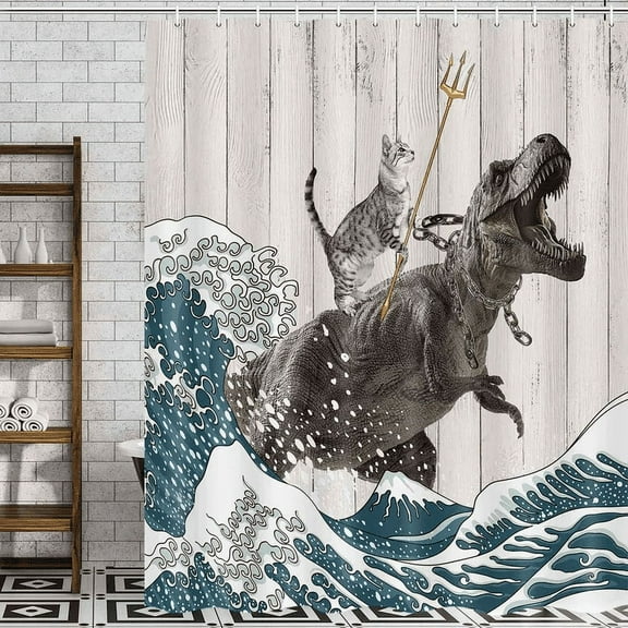 Funny Cat Shower Curtain, Cool Cat Dinosaur Japanese Ocean Wave Decor Fabric Bathroom Curtains, Kids Children Rustic Wooden Farmhouse Shower Curtain 60X70 inch
