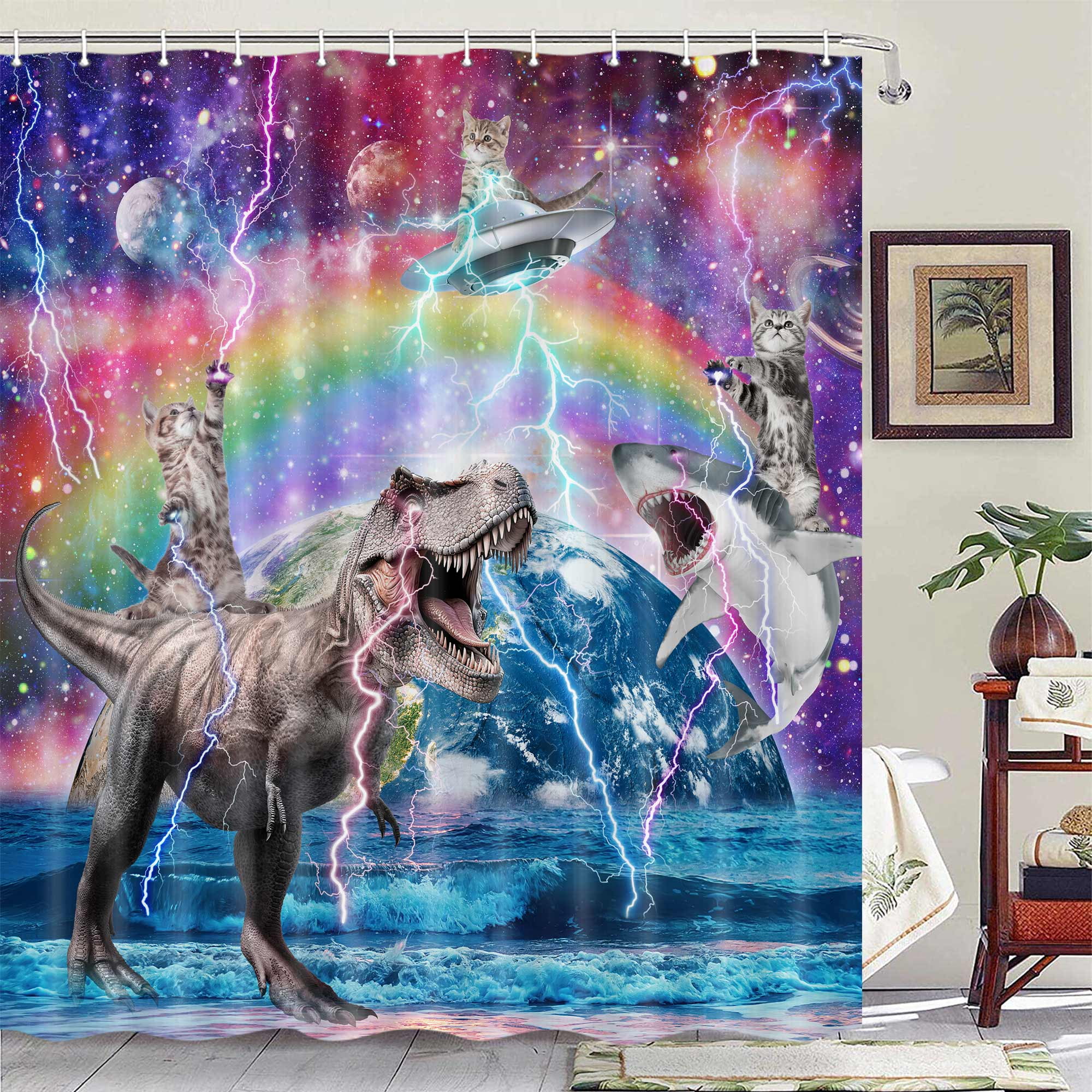 Funny Cat Shower Curtain, Cool Cat Riding Dinosaur on Fantasy Galaxy Space Shower Curtains for Boys Girls, Cute Shark Hilarious Outer Universe Anime Fabric Shower Curtain for Bathroom with Hooks