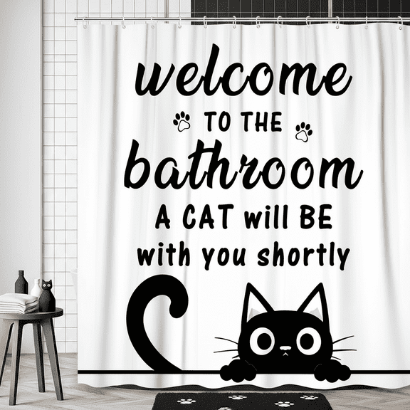 Funny Cat Shower Curtain, Cute Black Cat Bathroom Decor, Kitten Themed Shower Curtain for Cat Lovers,12pcs Hooks,69X70 in