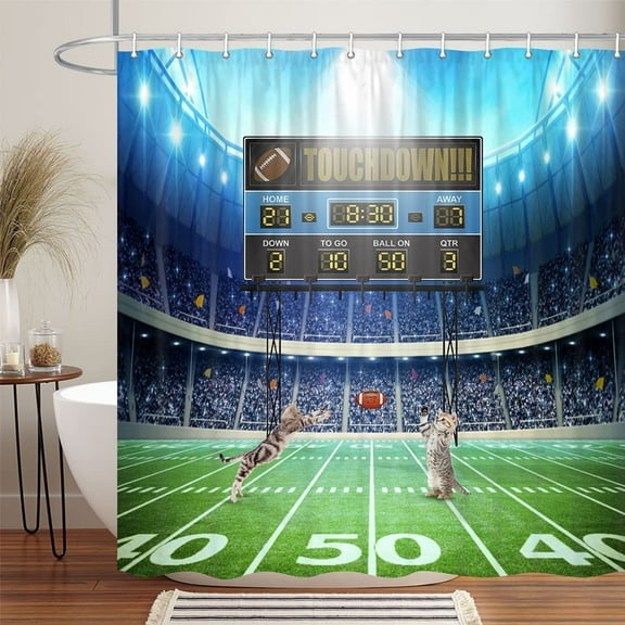 Funny Cat Shower Curtain, Cute Cat on Football Field Match Shower Curtain, Cool Football Sport Theme Fabric Shower Curtain for Boys Bathroom Decor , 70X70IN