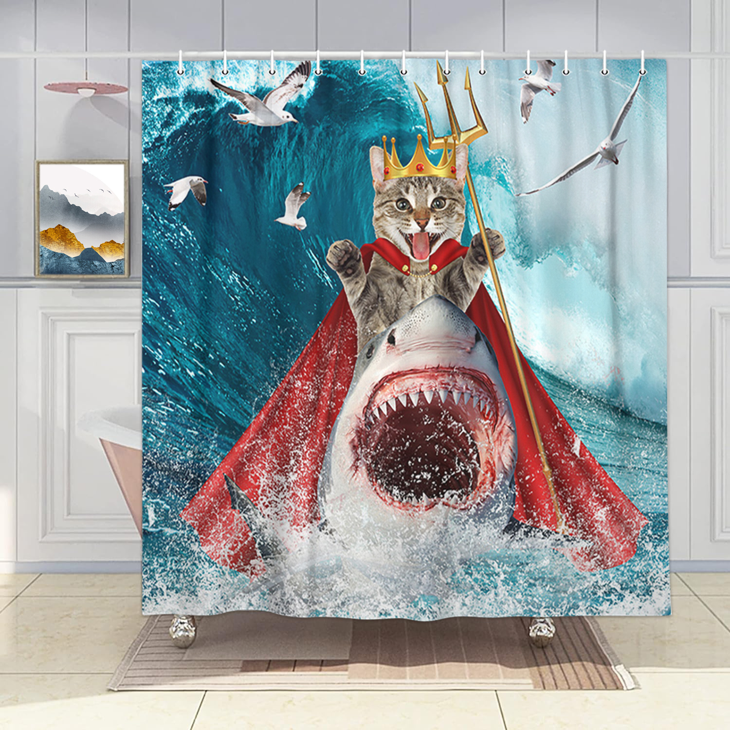 Funny Cat Shower Curtain, Cute Cool Cat Riding Shark Nautical Teal