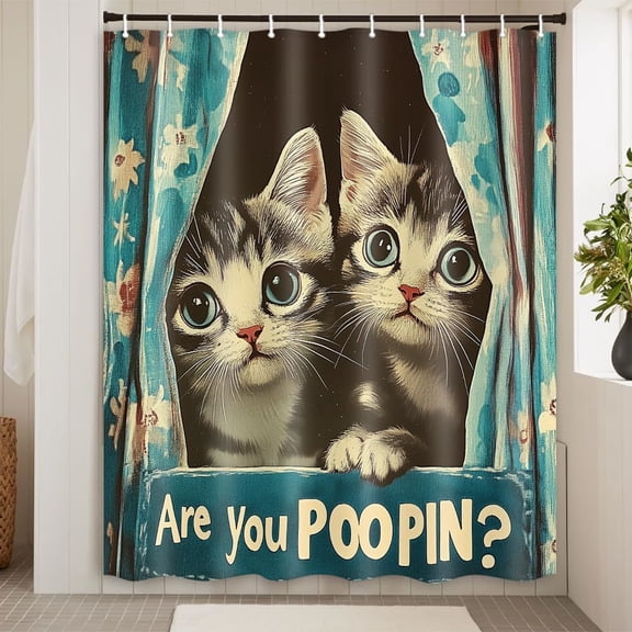 Funny Cat Shower Curtain, Cute Retro Cool Cartoon Kitty are You Poopin' Fun Teal Humorous Animal Bathroom Decor, Fabric Cloth Waterproof Bath Curtain with Hooks, 54x72 Inches