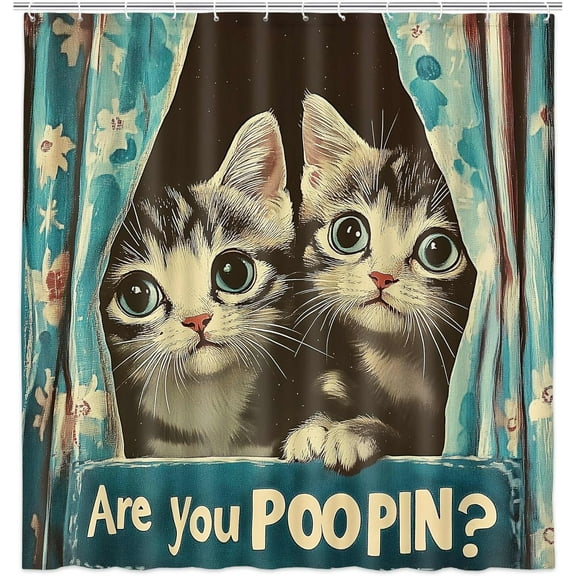 Funny Cat Shower Curtain Cute Retro Cool Cartoon Kitty are You Poopin' Fun Teal Humorous Animal Cloth Bathroom Shower Curtain Set with Hooks 71X71 Inch