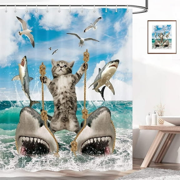 Funny Cat Shower Curtain, Fun Cat Riding Shark Shower Curtain Liner, Ocean Sea Blue Kids Waterproof Bathroom Curtain Set with Hooks 54x70inches