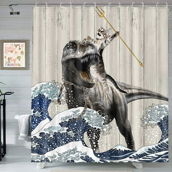 Funny Cat Shower Curtain for Kids, Cat Riding Dinosaur Shower Curtain Sets, Rustic Wooden Japanese Ocean Wave Waterproof Fabric Bathroom Decor Accessories with Hooks,36X72in