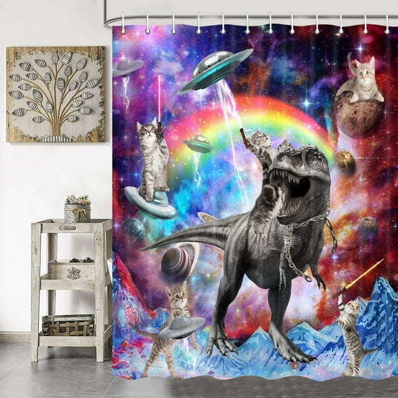 Funny Cat Shower Curtain for Kids, Cat Riding Dinosaur Shower Curtain Set, Fun Galaxy Hilarious Kids Shower Curtains for Bathroom, Funny Outer Space Universe Bathroom Curtain with Hooks,70X70in