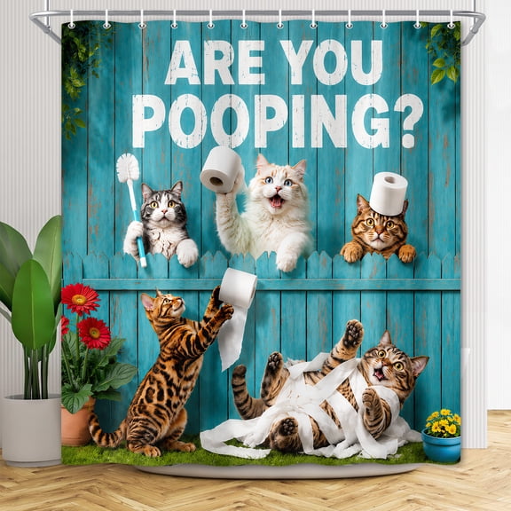 Funny Cat Shower Curtain, Rustic Farmhouse Bath Decor, Are You Pooping Cute Cat Design, Country Farm Animals Shower Curtain Set, Waterproof Polyester Fabric,36X72 Inch with Hooks