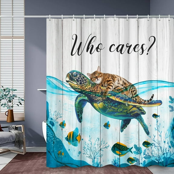 Funny Cat Shower Curtain,Sea Turtle Fabric Bathroom Curtain Ocean Coastal Bath Curtain with Hooks,72x72 in