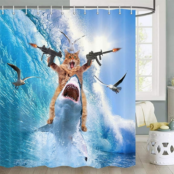 Funny Cat Shower Curtain Set Cat Riding Shark Theme Ocean Shower Curtains for Bathroom Fun Nautical Kids Shower Curtain Set with Hooks(70X70)