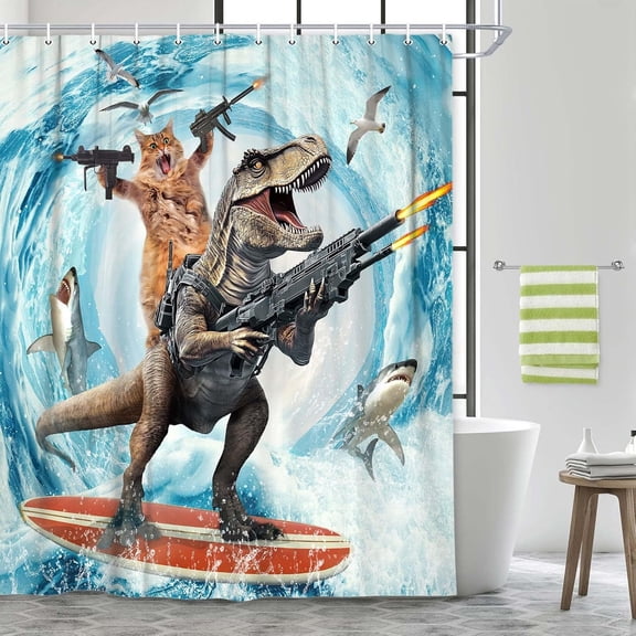 Funny Cat Shower Curtain Set, Cute Cat Riding Dinosaur Surfing in Ocean Wave Ocean Theme Curtains for Bathroom, Surfer Dinosaur Nautical Polyester Fabric Waterproof Kids Bath Shower Curtain