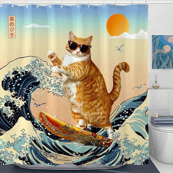 Funny Cat Shower Curtain Set Great Wave Art Style Relaxing Feline Waterproof Bathroom Shower Curtain Japanese Scene Home Decor 72x72 Inch
