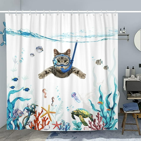 Funny Cat Shower Curtain Set Sea Ocean Waterproof Fabric Shower Curtains Bathroom Decor with 12 Hooks (72''×72'')