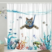 Funny Cat Shower Curtain Set Teal Blue Sea Ocean Waterproof Fabric Shower Curtains with Animal Octopus Starfish Turtle Anchor Fish Nautical Bathroom Decor (Blue,72''×72'')
