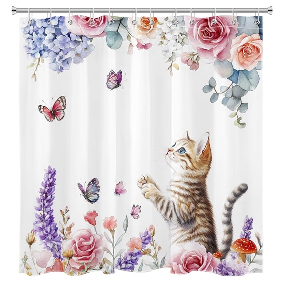 Funny Cat Shower Curtain Watercolor Flowers Cute Animal Fluttering Butterfly Bathroom Shower Curtain Rustic Spring Plant Art Shower Curtain Home Decor with 12 Hooks 72x72 Inches