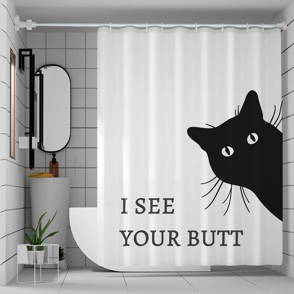 Funny Cat Shower Curtain - Waterproof Fabric Shower Curtain Set for Bathroom Decor - Farm Shower Curtain with 12 Hooks 66x72 Inches - I See Your Butt Shower Curtain