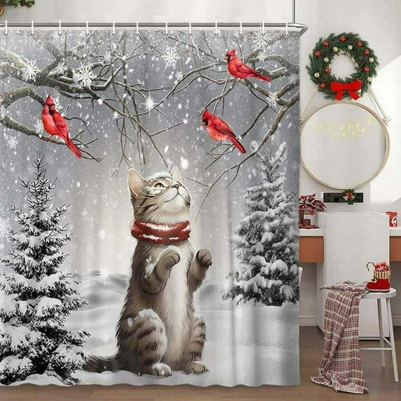Funny Cat Shower Curtain, winter Snow Scene Themed Bathroom Decor Cute Animal Shower Curtains for Bathroom Fabric Bath Accessories 12 Pack Hooks 66x72inch