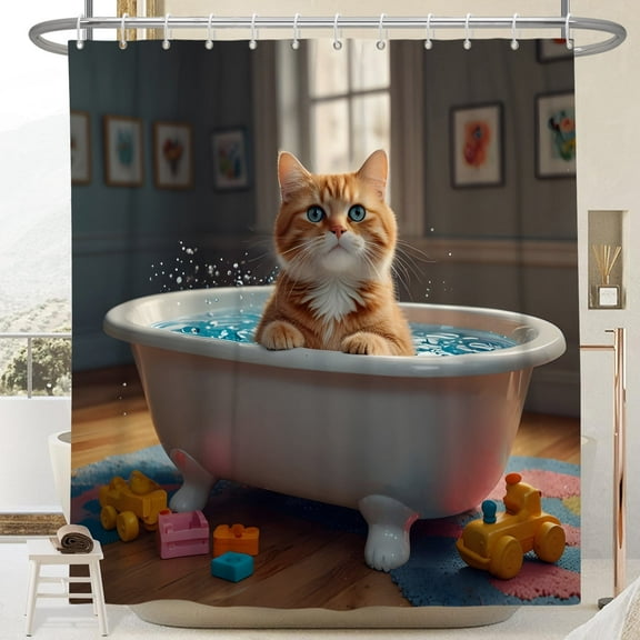 Funny Cat Shower Curtains for Kids Bathroom ,Kids Animal Fabric Waterproof Bathroom Curtain 64''x47''