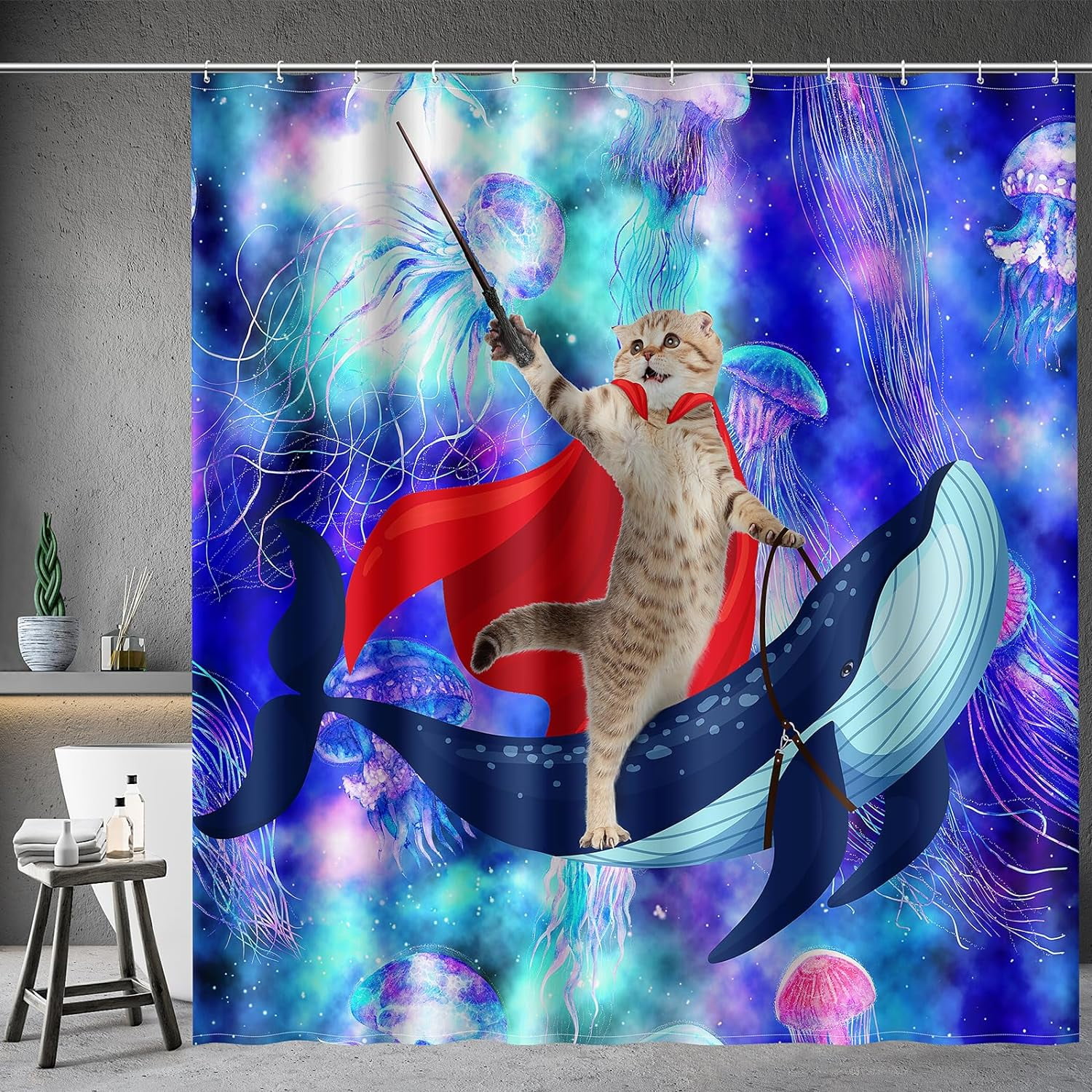 Funny Cat Shower Curtains Cute Cat Riding Whale Shark on Space Galaxy