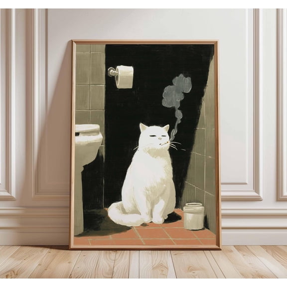 Funny Cat Smoking Quirky Bathroom White Cat Humorous Pop Art Decor Unframed Paper Print