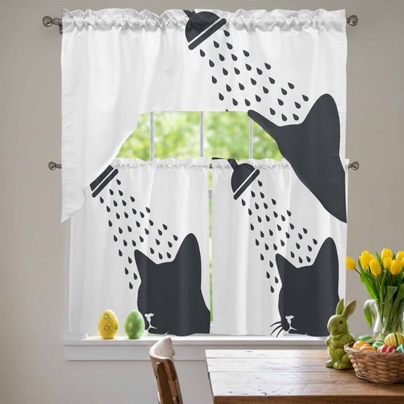 Funny Cat Swag Curtains Valance & Tier Set, Cat Bathing Shower Animal Silhouette 3 Pcs Set Kitchen Swag Valances and Tiers 36 Inch Length Rod Pocket Curtain Drapes for Bedroom