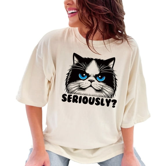 Funny Cat T-Shirt, Seriously Cat Graphic Tee, Blue Eyed Cat Meme Shirt, Cool Cat Lovers Gift, Grumpy Cat T-Shirt, Trendy Cat Apparel, Ivory Comfort Colors T-Shirt, 3XL