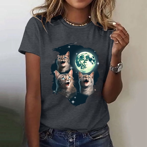 Funny Cat T Shirt Three Cat Howling Moon Distressed Cat Lover Starry Night T Shirt Long Sleeved Women's Shirts Women Shirt Polyester Spandex Neck Top for Women T Shirt Women Short Sleeve Womens Short