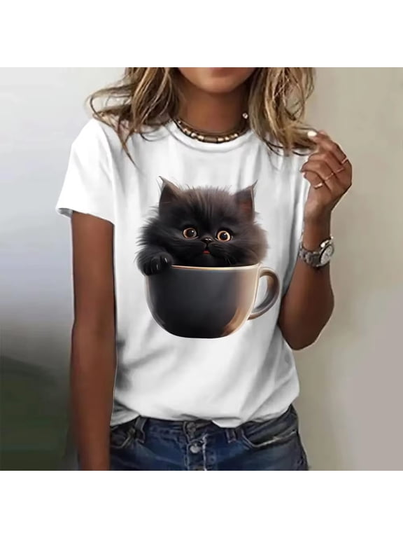 Funny Cat T Shirt Women Angry Cat Print Short Sleeve Tops Casual Pullover Street Y2k Tshirt Female