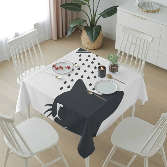 Funny Cat Table Cloth 54x54in, Waterproof Square Tablecloth Wipeable Tablecloths Cartoon Grey White Animal Shadow Table Covers for Dining Tables Party Indoor Outdoor