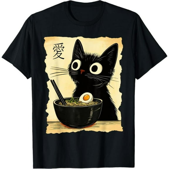 Funny Cat Tee，Japanese Kawaii Anime Graphic T-Shirt, Cute Cat Lover Tops，Round neck，Retro，cotton，black，S-5XL