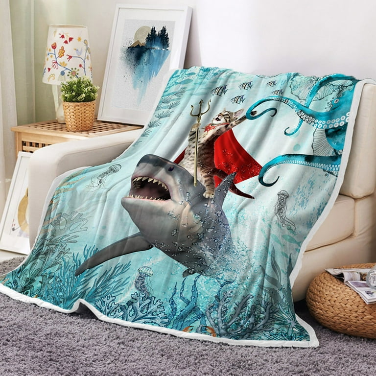Funny Cat Throw Blanket, Cat Riding Shark Blanket for Kids