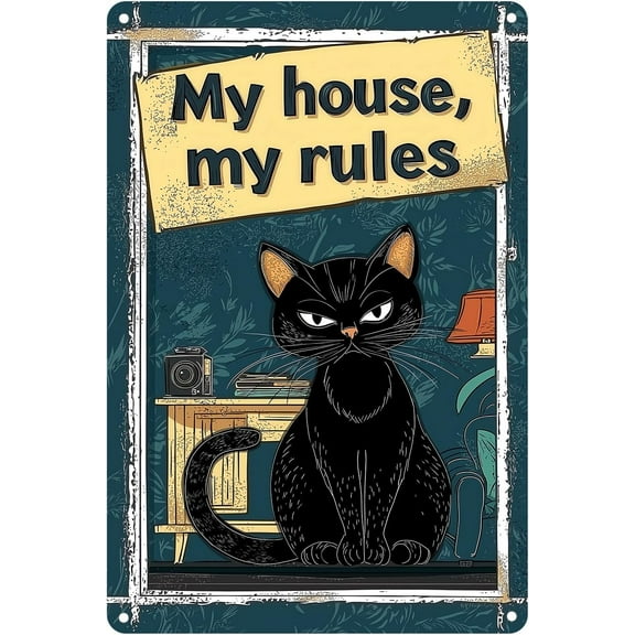 Funny Cat Tin Signs Gift for Cat Lovers Funny Tuxedo Cat Rules Metal Signs, When Visiting My House Please Remember, Cat Signs for Wall Door Decor 16 x 12 Inch