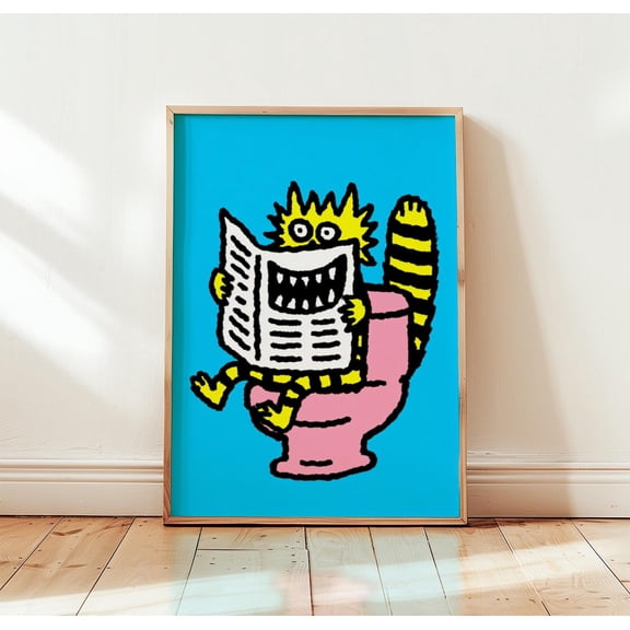 Funny Cat Toilet Poster Weird Bathroom Art Blue Meme Print