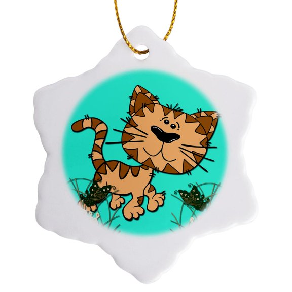 3drose, Funny Cat. Turquoise. Kids Decor. Cool Image., 3 inch Snowflake Porcelain Ornament
