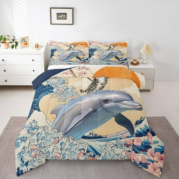 Funny Cat Twin Comforter Set Ocean Dolphin Bedding Set Twin, Cartoon Animals Bedding Comforter Sets Oriental Asian Japanese Duvet Set, Ukiyoe Ocean Wave Sun Quilted Comforter