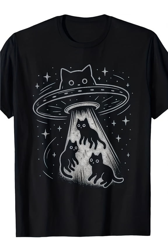 Funny Cat UFO Cute Kitten Spaceship Alien Aesthetic T-Shirt | Men'S Casual Short Sleeves, Comfortable Fit, Playful Print, Round Neck, Suitable for All Seasons