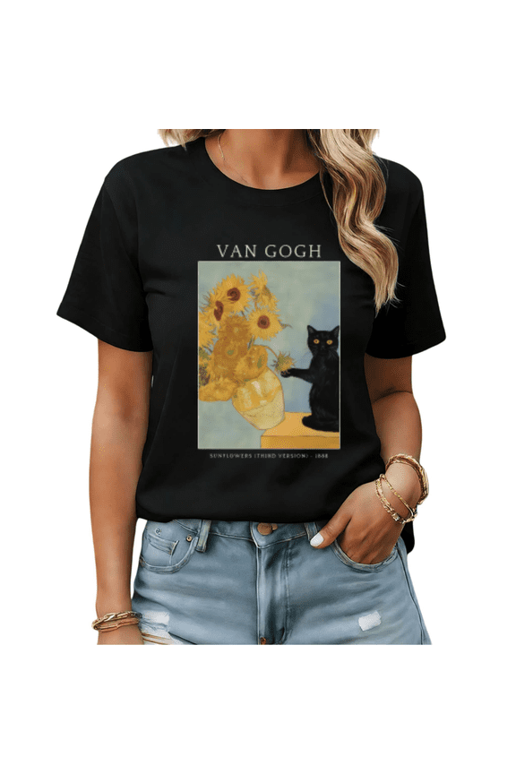 Funny Cat Van Gogh Sunflowers Graphic Tees Womans T shirt Black S-5XL Shirts Art Lover Tops