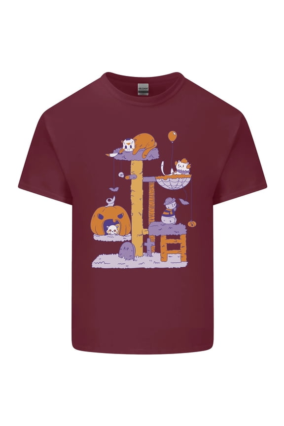 Funny Cat Villains Halloween T-Shirt, Horror Graphic Cotton Tee, Spooky Costume Shirt for Men and Women Maroon