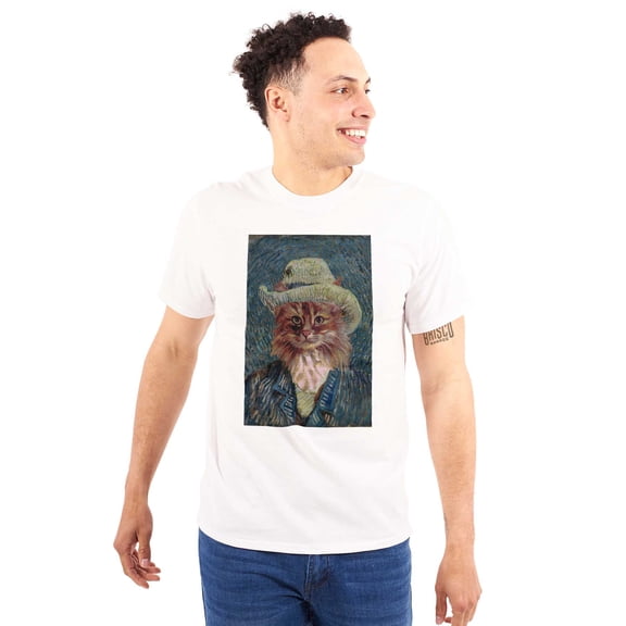 Funny Cat Vincent Van Gogh Portrait Plus Size Crewneck Graphic Tee Shirt Brisco Brands 2X