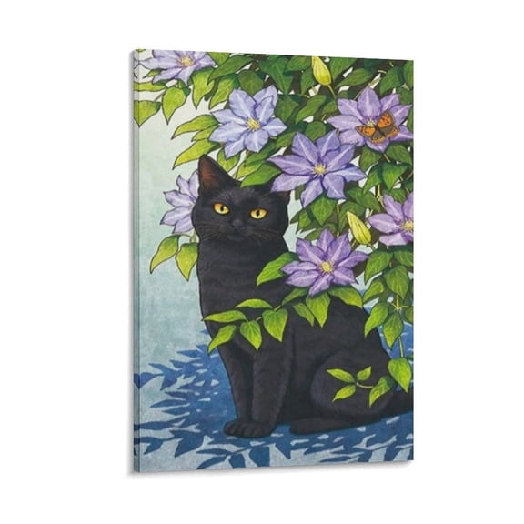 Funny Cat Wall Art - Black Cat And Butterfly Art Canvas, Cat Lover Gift, Posters Art Print Wall Photo Paint Poster Hanging Picture Family Bedroom Decor Gift 24x36inch(60x90cm)