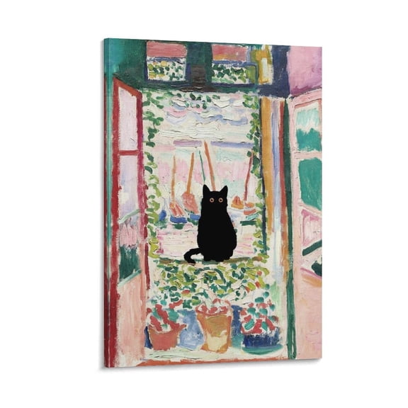 Funny Cat Wall Art Henri Matisse Canvas Painting Open Window, Black Cat Canvas Painting Posters Art Print Wall Photo Paint Poster Hanging Picture Family Bedroom Decor Gift 12x18inch(30x45cm)
